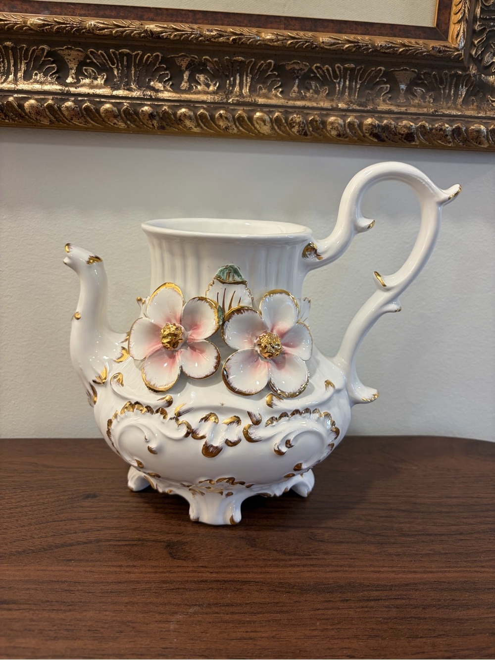 Teapot Figurine with Pink Floral Accents